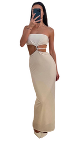 MESHKI waist cut out white long dress